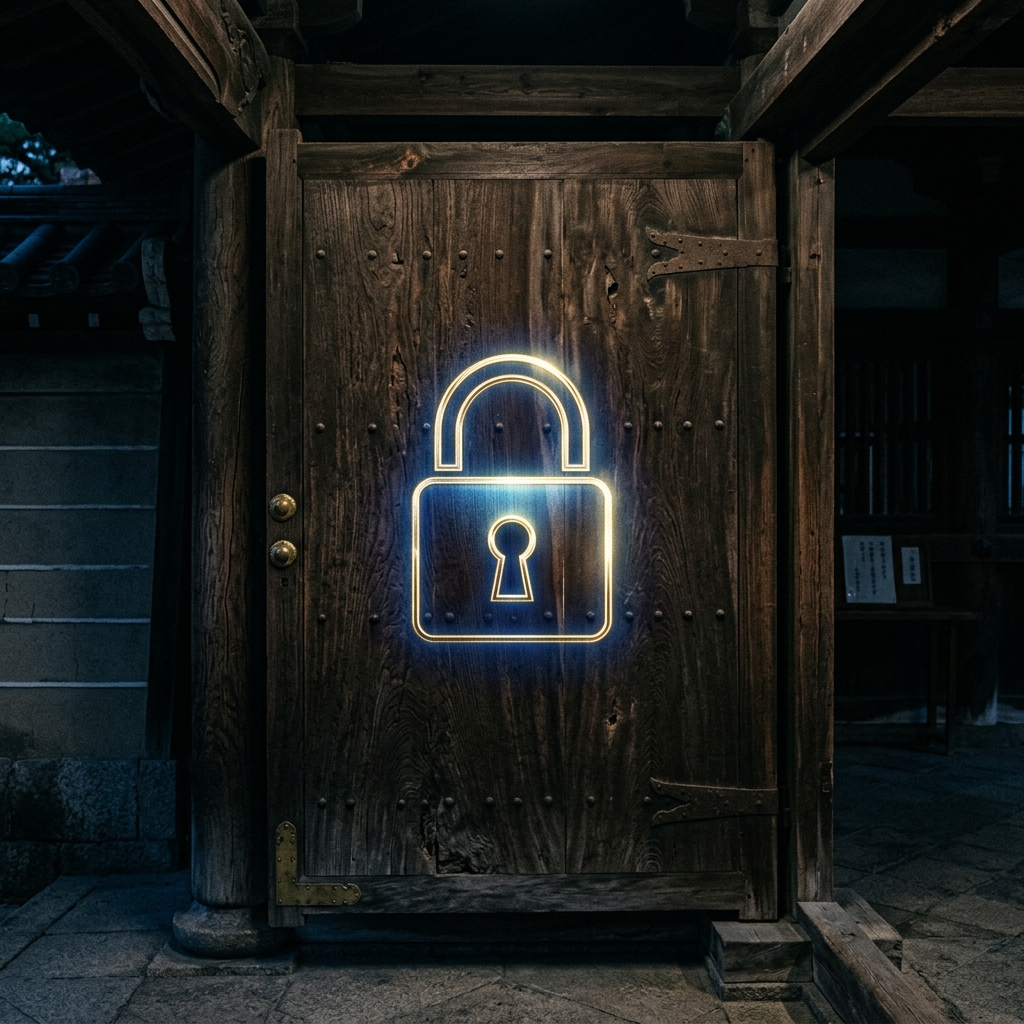 Serrure lumineuse sur une porte de temple en bois